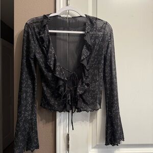 Whimsical Fairy Vibes- Pink Rose Black Floral Ruffle Tie-Front Mesh Blouse- S